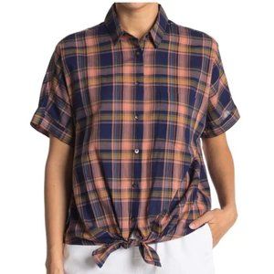 Madewell Tie Hem Plaid Button Down Shirt in Blue Night